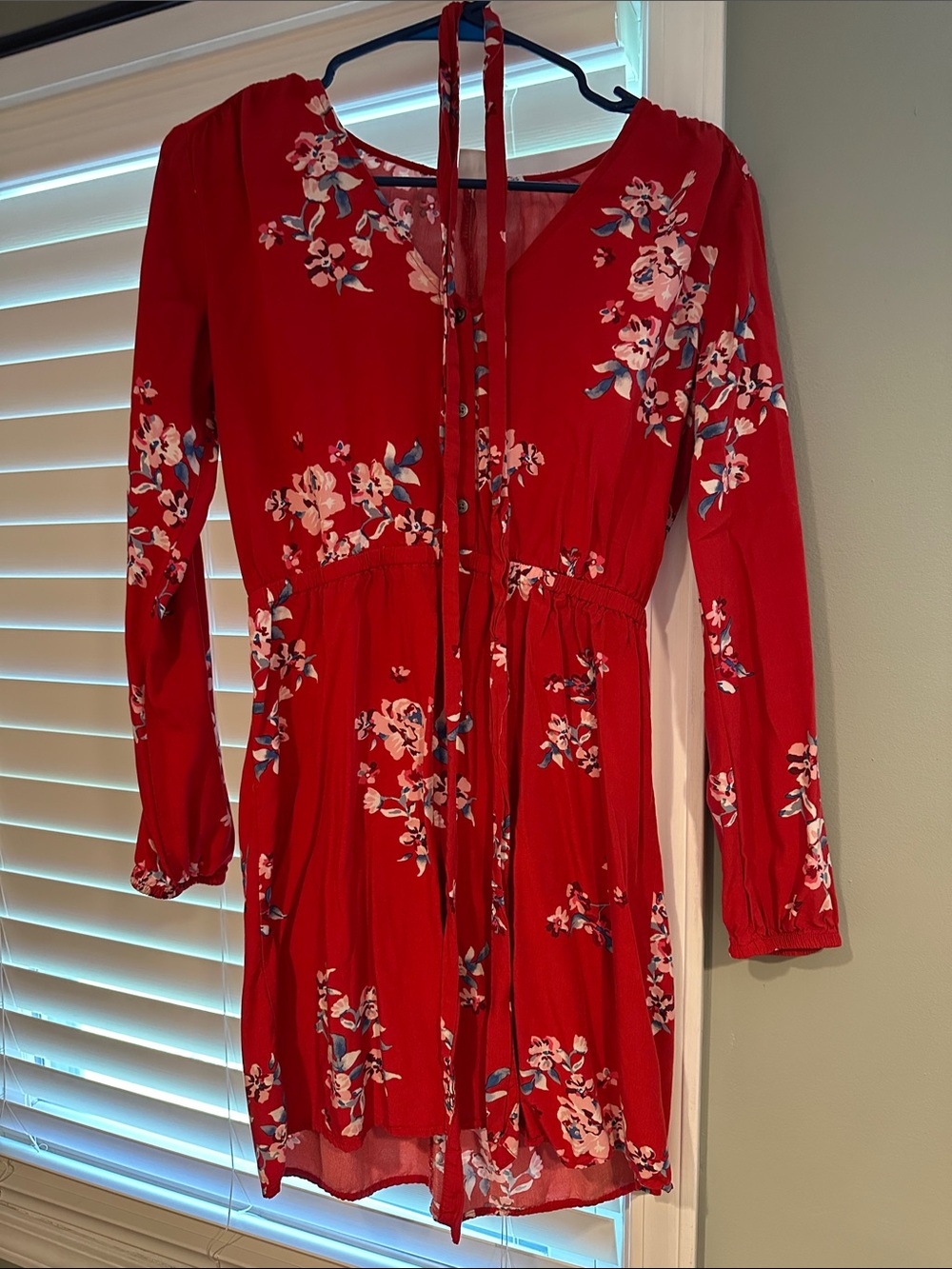 GAP Red Floral Long-Sleeve V-Neck Tie-Front Dress